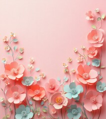 Fototapeta premium handcrafted paper-cut coral and mint flowers with delicate blossoms and leaves on a soft pink background, elegant romantic spring arrangement with a gentle cheerful mood