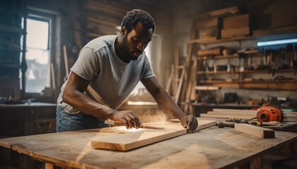 Dedicated African American craftsman sanding wood, creating sawdust in a rustic workshop.