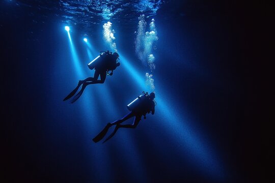 Two scuba divers swimming underwater illuminated by beams of light in a deep blue ocean with bubbles rising to the surface