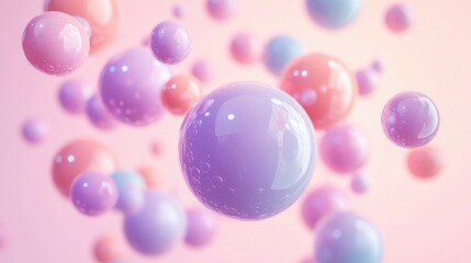 Floating translucent spheres in pastel shades of purple, pink, and blue with soft lighting creating a dreamy and light atmosphere