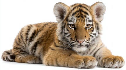 Obraz premium Stunning Tiger Cub With Stripes and Intense Gaze on Clean White Background Perfect for Wildlife Conservation Campaigns