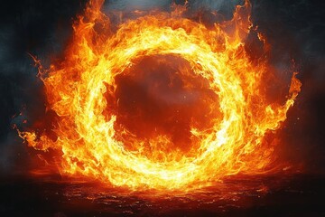 Large intense circular ring of fire blazing with bright orange flames against dark background, conveying power and energy