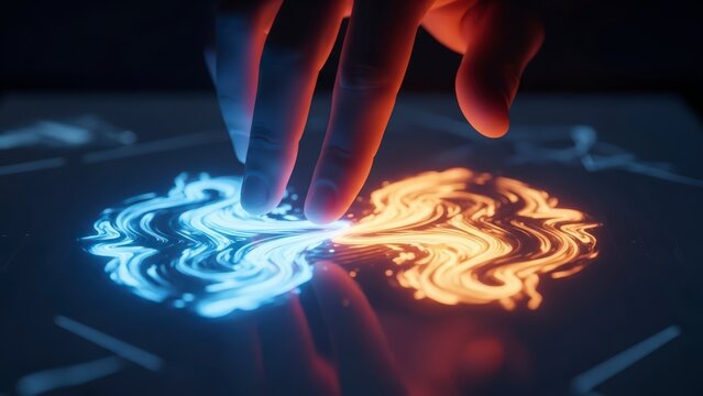 Hand Interacting with Digital Flame Design.