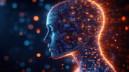 Digital human head profile made of glowing circuits and data points illuminated with blue and orange light expressing futuristic technology and artificial intelligence