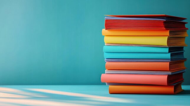 stack of colorful notebooks and folders on a turquoise surface bathed in soft sunlight with long shadows, cheerful organized and minimal scene