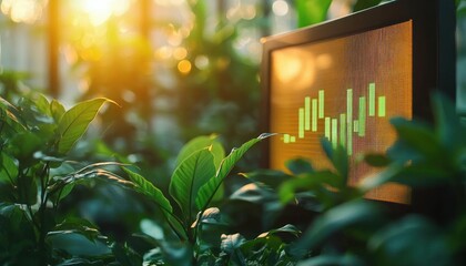 sunlit indoor plants surrounding a glowing digital display showing a green bar chart, calm hopeful mood of growth and harmony between nature and technology