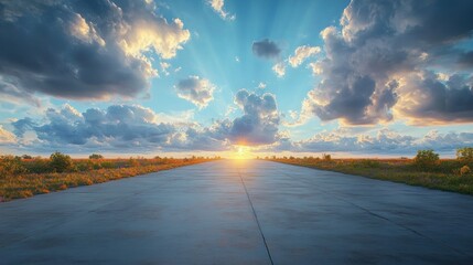 empty concrete runway stretching to a glowing sunrise on the horizon with wildflower fields, dramatic clouds and sun rays, peaceful hopeful morning atmosphere