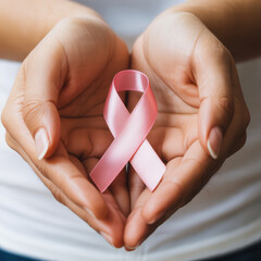 Cupped hands gently holding a pink satin ribbon symbolizing breast cancer awareness