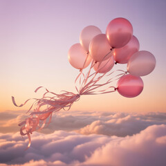 Delicate pink balloons with flowing ribbons floating above soft clouds at sunset
