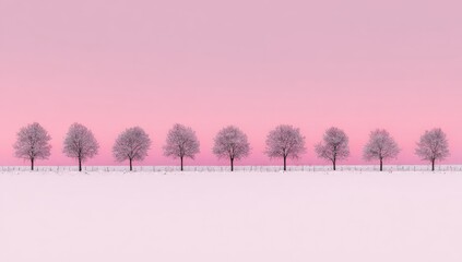 A row of frosted trees stands against a soft pink sky.