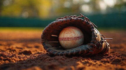 worn leather baseball glove cradling a scuffed ball on sunlit infield dirt, quiet golden-hour stillness and nostalgic anticipation