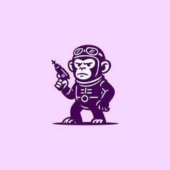 Stylized monkey astronaut mascot holding futuristic laser gun, bold purple vector illustration on pastel background, playful sci-fi character 