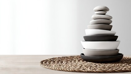 Stacked stone pebbles and assorted bowls create a harmonious balance on a placemat.