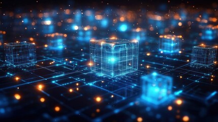 glowing wireframe cubes on a neon blue and orange grid conveying futuristic network connectivity and energetic digital depth