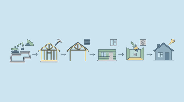 Step by step house construction process with icons