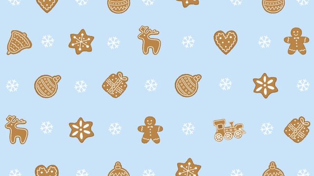 Gingerbread Cookies Animated on Light Blue Background. Christmas Loop Animation. Christmas Cookies, Snowflakes. Deer, Train, Gingerbread Man, Gift Box, Heart, Star