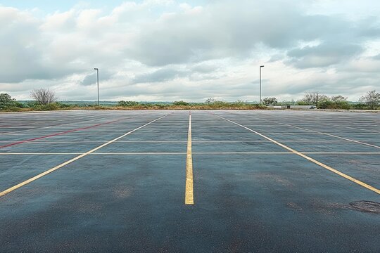 Empty wet parking lot with grid of yellow and red painted lines, two lampposts, distant trees and cloudy overcast sky, evoking calm solitude and quiet emptiness