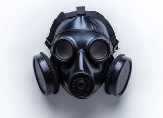 Black full-face gas mask with dual round filters and adjustable straps on a white background