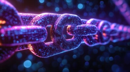 Close-up glowing digital chain links with neon purple and blue particle texture against a blurred bokeh background, evoking futuristic connectivity and strength