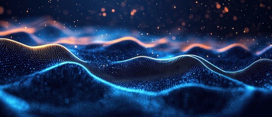 glowing blue dotted wave mesh with golden particles over a dark starry background conveying serene futuristic motion and wonder