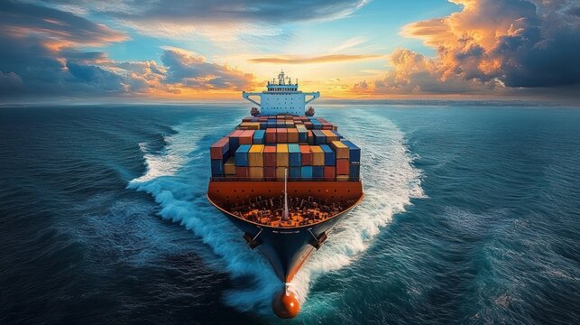 Large cargo ship loaded with colorful shipping containers moving forward through the ocean at sunset with dramatic clouds in the sky