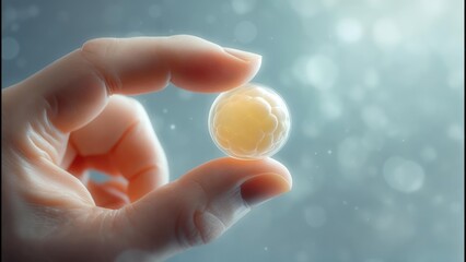 A hand gently holds a small, translucent sphere