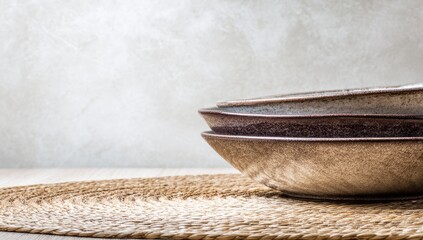 Stacked ceramic bowls rest on a woven placemat against a textured wall.