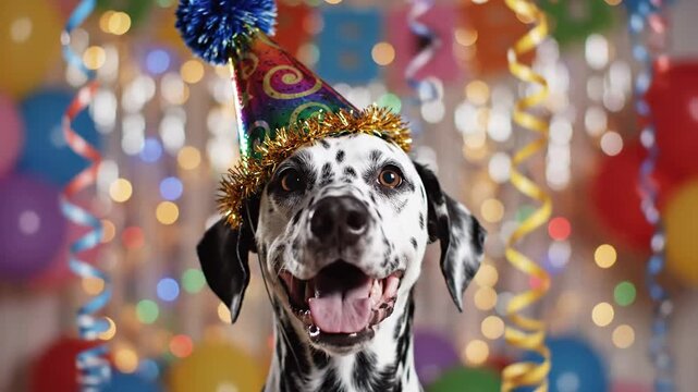 Dalmation dog wearing party hat.