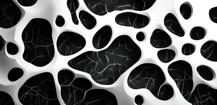 white organic porous 3d structure with black cavities and delicate vein-like filaments, eerie futuristic biomorphic texture and high-contrast depth