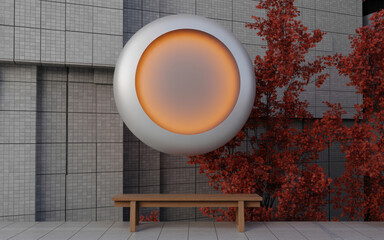 Large silver sphere with orange light on textured wall beside red foliage and wooden bench