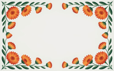 Orange calendula flowers and green leaves forming a decorative border