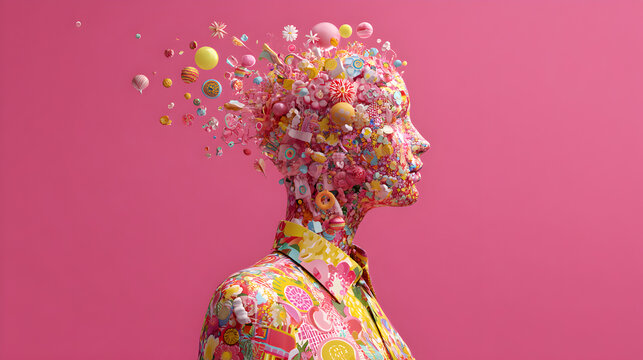 explosion surrealista saliendo de una cabeza de una mujer o maniqui con elementos coloridos llamativos y artisticos sobre un fondo rosa con espacio de copia 