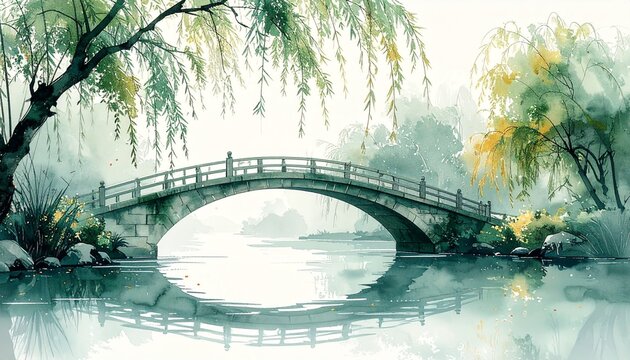 柳が垂れる川辺と古橋の和墨絵婚礼風景