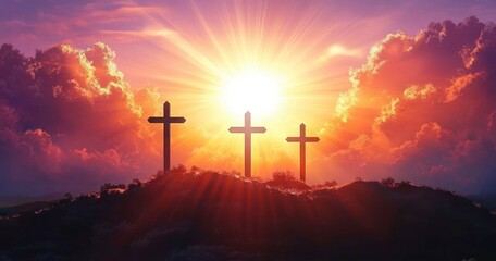 Three silhouetted crosses on a hill at sunrise with radiant golden sunbeams and dramatic purple-orange clouds, evoking reverence and serene hope