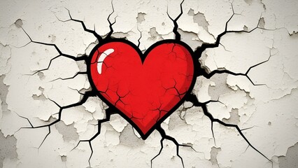 Heart cracking through the cracked wall, concept of love breaking through obstacles