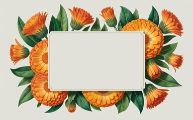 Orange Marigold Flowers and Green Leaves Border Around Blank Rectangular Frame