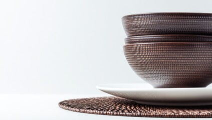 Stacked brown textured bowls rest on a white plate and woven mat.