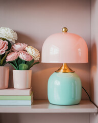 Pastel pink mint green table lamp with artificial flowers and books on shelf image