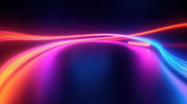 Bright neon light trails in pink, orange, and blue weaving over a reflective dark surface with a starry night sky above, creating a vibrant and futuristic atmosphere - Powered by Adobe