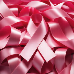Pile of bright pink satin ribbons forming awareness symbols and abstract shapes image