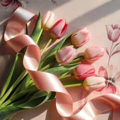 Pink and red tulips with satin ribbon on a floral patterned background