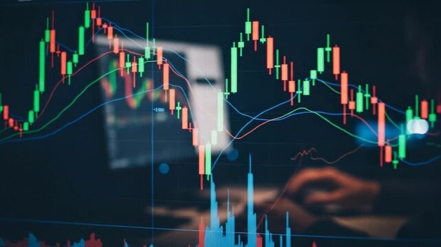 Candlestick Charts Rising/Falling on Screen Displaying Market Volatility