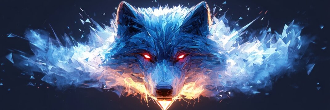 Blue crystalline wolf head with glowing red eyes and fiery mouth, shards of ice and crystal exploding into the dark, fierce intense and majestic supernatural expression