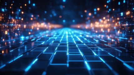 futuristic glowing blue tiled grid floor receding into distance with floating orange and blue digital light particles creating an immersive high-tech energetic atmosphere