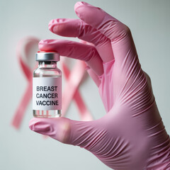 Pink gloved hand holds breast cancer vaccine vial with pink ribbon background