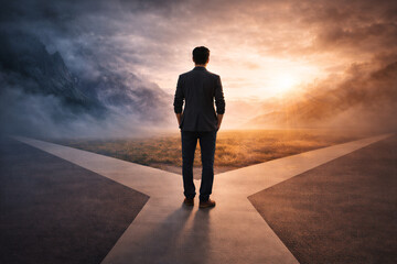 Mężczyzna stojący na rozdrożu jako symbol wyboru drogi życiowej i decyzji biznesowych