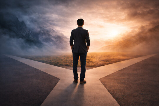 Mężczyzna stojący na rozdrożu jako symbol wyboru drogi życiowej i decyzji biznesowych