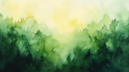 A serene, misty forest scene with tall evergreen trees fading into soft green and yellow hues, evoking a calm and peaceful early morning atmosphere