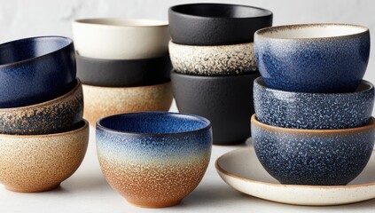 Stacked ceramic bowls showcase textured finishes in various colors.