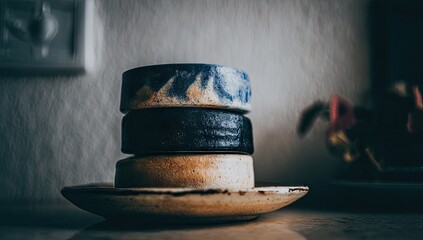 Stacked ceramic bowls display unique textures and colors.